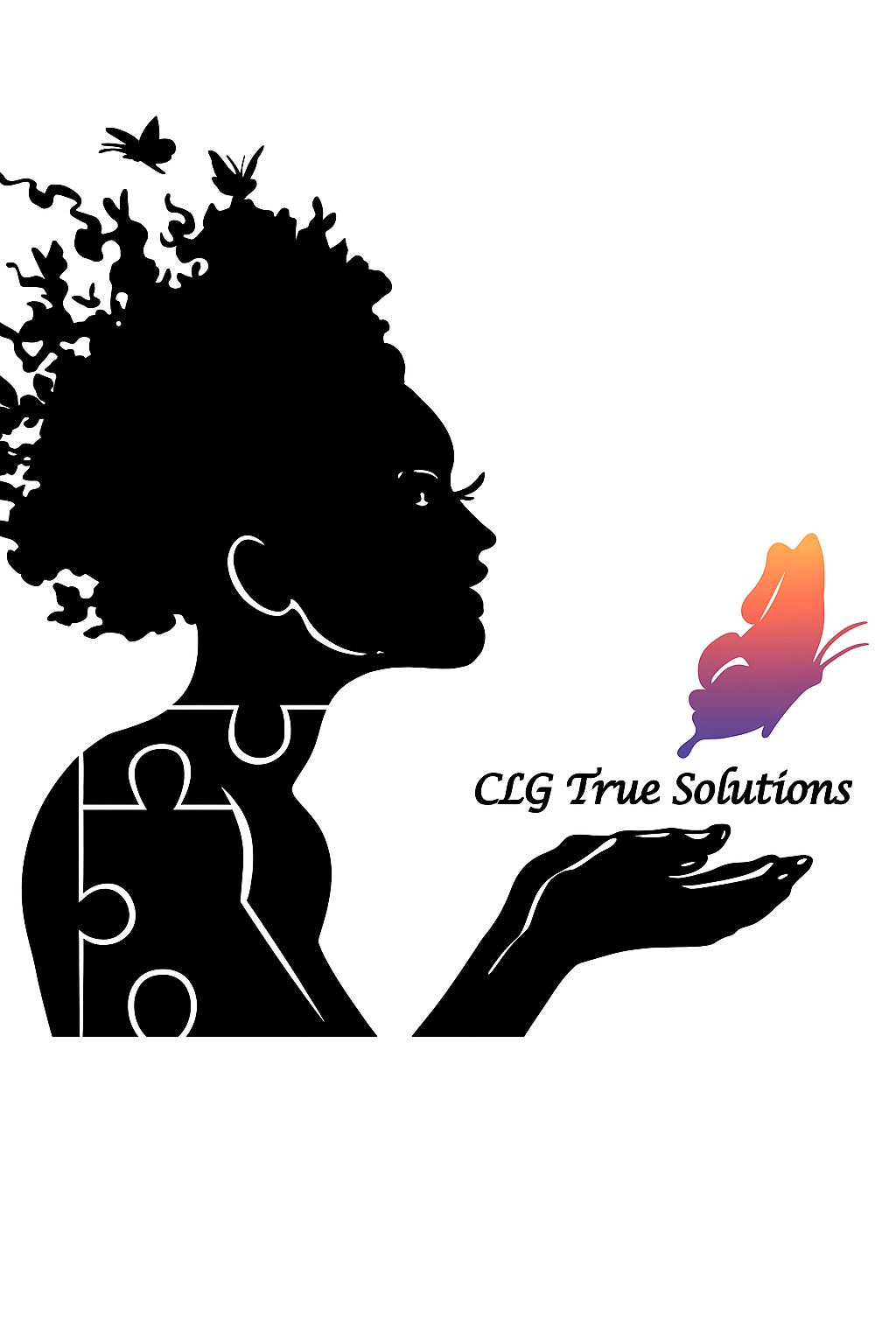 CLG True Solutions - Artistic silhouette with butterfly, birds, and foliage representing transformation and healing